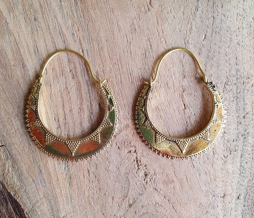 Golden Afghani Hoop Earrings; Ethnic, Geometric, Small, Rustic, Yoga, Hippie, Gypsy, Pretty, Ssy, Boho, Bohemian, Festival