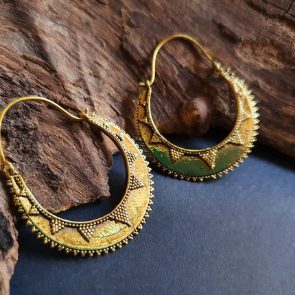 Golden Afghani Hoop Earrings; Ethnic, Geometric, Small, Rustic, Yoga, Hippie, Gypsy, Pretty, Ssy, Boho, Bohemian, Festival