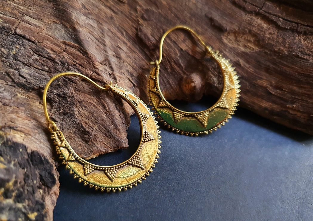 Golden Afghani Hoop Earrings; Ethnic, Geometric, Small, Rustic, Yoga, Hippie, Gypsy, Pretty, Ssy, Boho, Bohemian, Festival