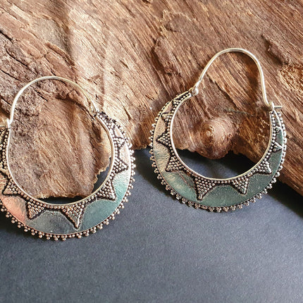 Silver Afghani Hoop Earrings; Ethnic, Geometric, Small, Rustic, Yoga, Hippie, Gypsy, Pretty, Ssy, Boho, Bohemian, Festival