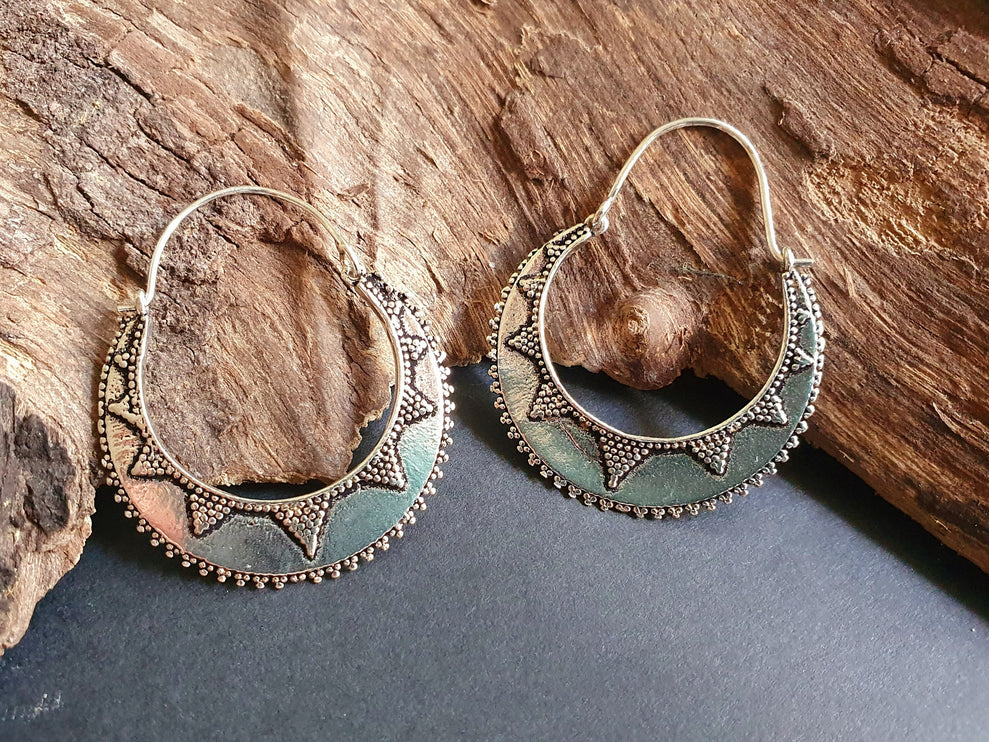 Silver Afghani Hoop Earrings; Ethnic, Geometric, Small, Rustic, Yoga, Hippie, Gypsy, Pretty, Ssy, Boho, Bohemian, Festival