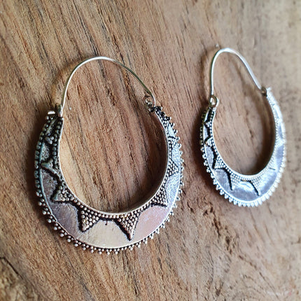 Silver Afghani Hoop Earrings; Ethnic, Geometric, Small, Rustic, Yoga, Hippie, Gypsy, Pretty, Ssy, Boho, Bohemian, Festival