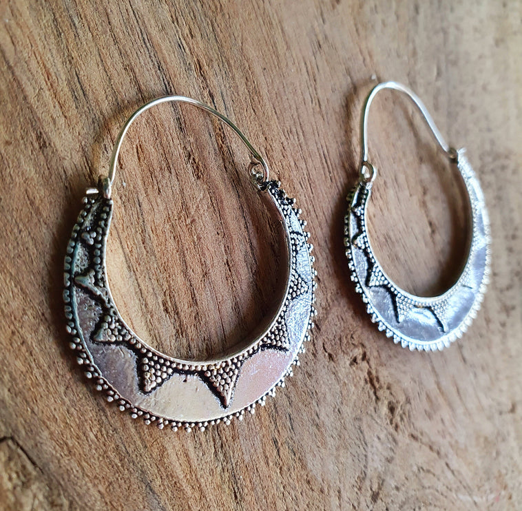 Silver Afghani Hoop Earrings; Ethnic, Geometric, Small, Rustic, Yoga, Hippie, Gypsy, Pretty, Ssy, Boho, Bohemian, Festival