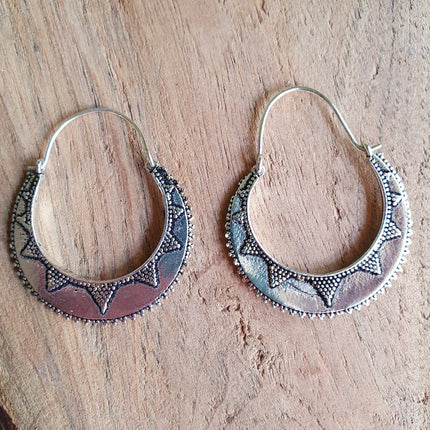 Silver Afghani Hoop Earrings; Ethnic, Geometric, Small, Rustic, Yoga, Hippie, Gypsy, Pretty, Ssy, Boho, Bohemian, Festival