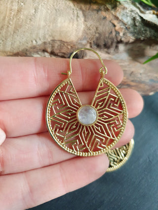 Aztec Style Moonstone Creole Earrings in Brass | Boho Jewellery for Women | Spiritual Ethnic Hoops