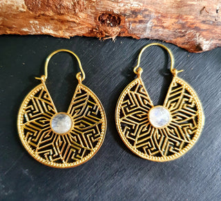 Aztec Style Moonstone Creole Earrings in Brass | Boho Jewellery for Women | Spiritual Ethnic Hoops