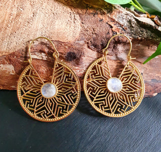 Aztec Style Moonstone Creole Earrings in Brass | Boho Jewellery for Women | Spiritual Ethnic Hoops