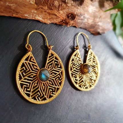 Aztec Labradorite & Brass Hoop Earrings Ethnic, rustic, yoga, hippie, gypsy, pretty, psy, boho, bohemian, festival