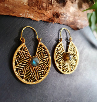 Aztec Hoop Earrings in Brass with Labradorite | Boho Jewellery for Women | Spiritual Ethnic Hoops
