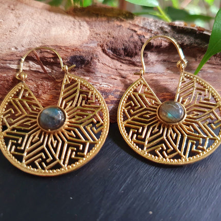 Aztec Labradorite & Brass Hoop Earrings Ethnic, rustic, yoga, hippie, gypsy, pretty, psy, boho, bohemian, festival