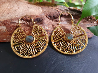 Aztec Hoop Earrings in Brass with Labradorite | Boho Jewellery for Women | Spiritual Ethnic Hoops