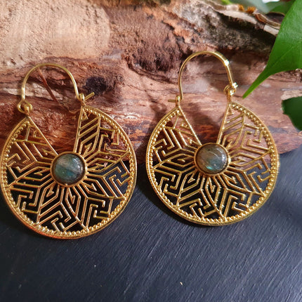 Aztec Labradorite & Brass Hoop Earrings Ethnic, rustic, yoga, hippie, gypsy, pretty, psy, boho, bohemian, festival