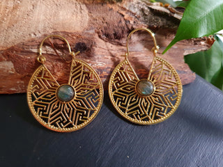 Aztec Hoop Earrings in Brass with Labradorite | Boho Jewellery for Women | Spiritual Ethnic Hoops