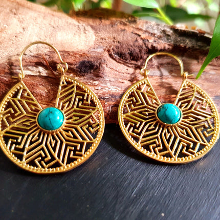 Golden Aztec Ethnic Turquoise Earrings Ethnic, rustic, yoga, hippie, gypsy, pretty, psy, boho, bohemian, festival