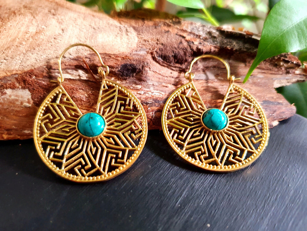 Golden Aztec Ethnic Turquoise Earrings Ethnic, rustic, yoga, hippie, gypsy, pretty, psy, boho, bohemian, festival