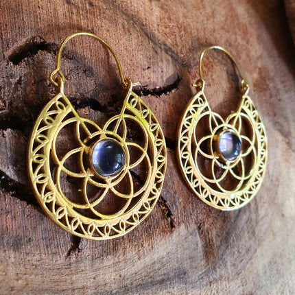 Amethyst Earrings Brass Ethnic, rustic, yoga, hippie, gypsy, pretty, psy, boho, bohemian, festival