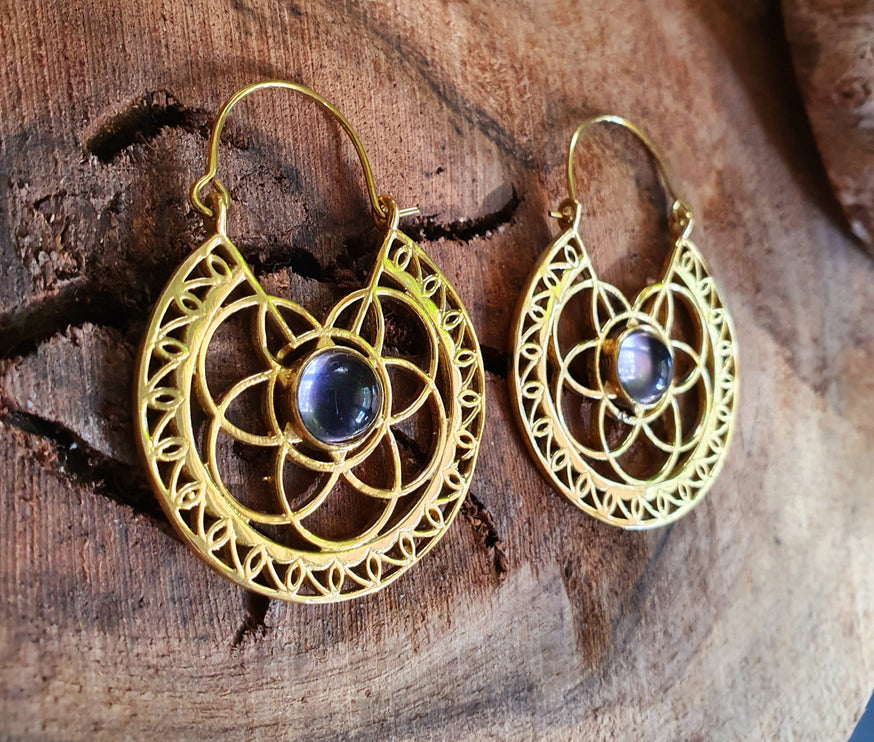 Amethyst Earrings Brass Ethnic, rustic, yoga, hippie, gypsy, pretty, psy, boho, bohemian, festival