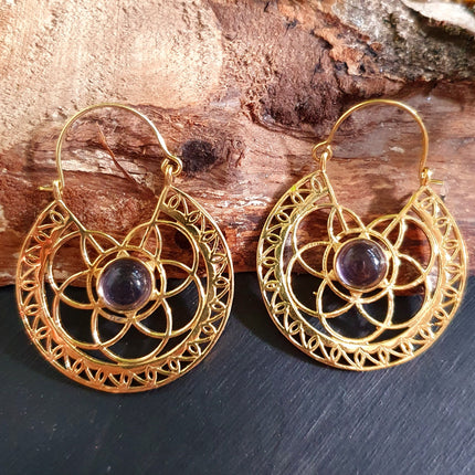 Amethyst Earrings Brass Ethnic, rustic, yoga, hippie, gypsy, pretty, psy, boho, bohemian, festival