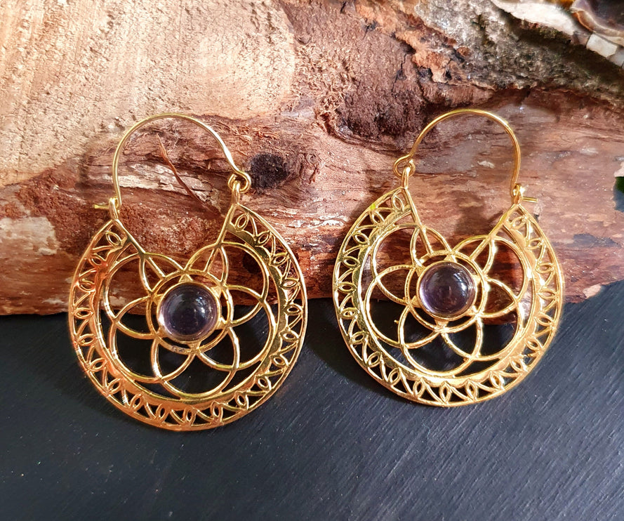 Amethyst Earrings Brass Ethnic, rustic, yoga, hippie, gypsy, pretty, psy, boho, bohemian, festival