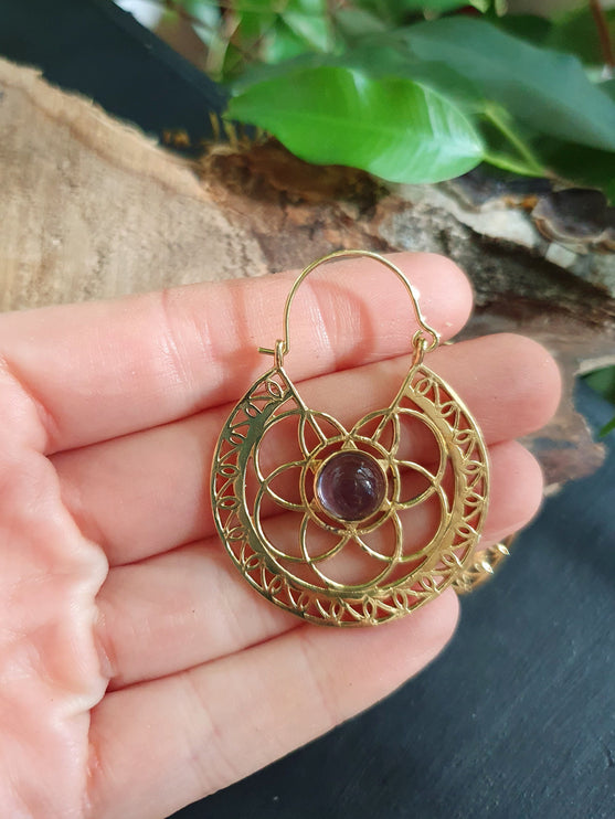 Amethyst Earrings Brass Ethnic, rustic, yoga, hippie, gypsy, pretty, psy, boho, bohemian, festival