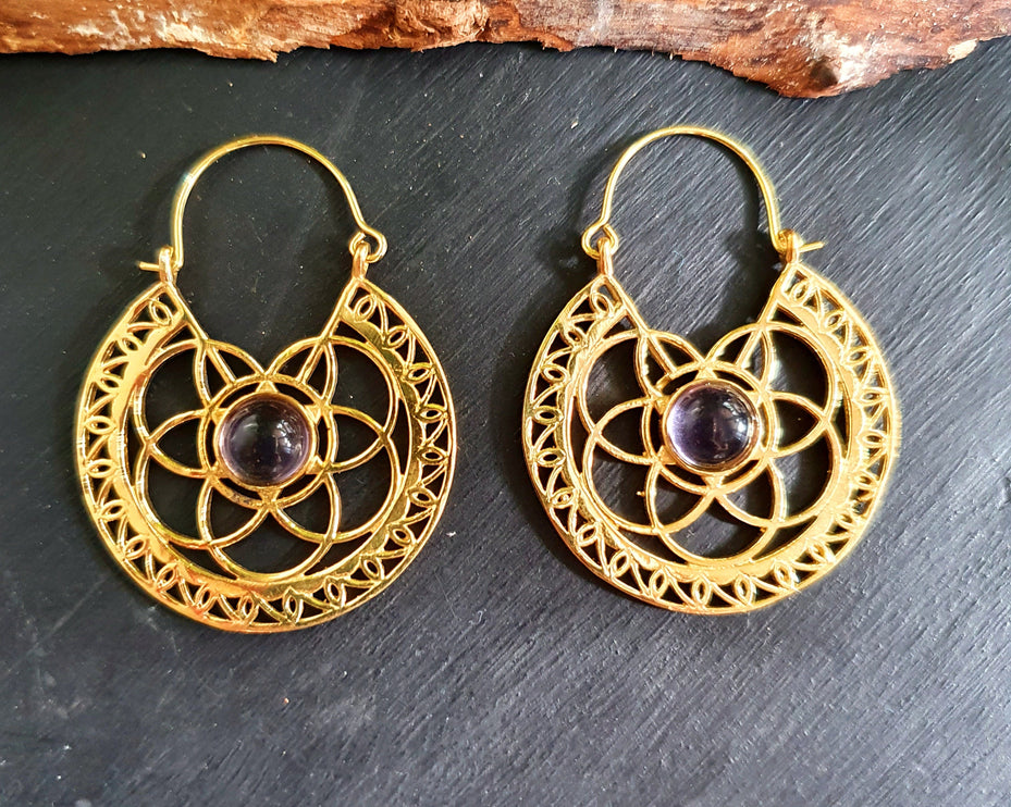 Amethyst Earrings Brass Ethnic, rustic, yoga, hippie, gypsy, pretty, psy, boho, bohemian, festival