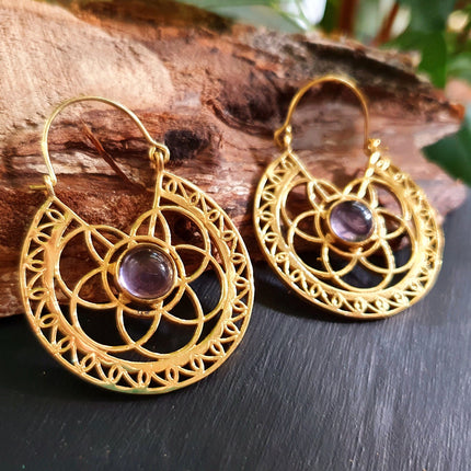 Amethyst Earrings Brass Ethnic, rustic, yoga, hippie, gypsy, pretty, psy, boho, bohemian, festival