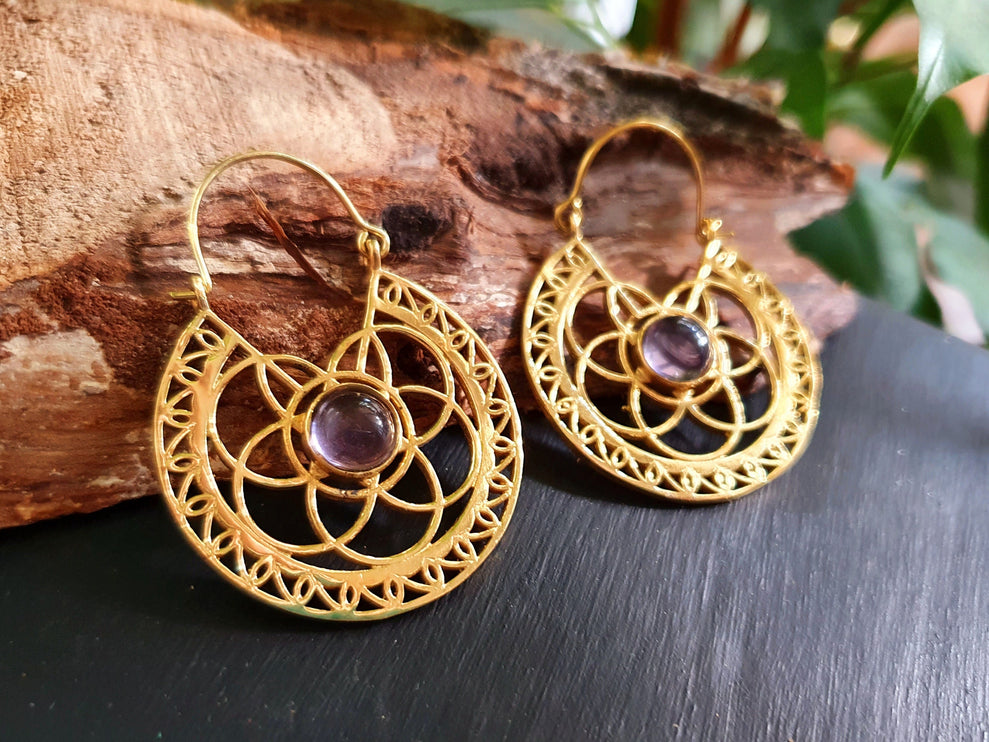 Amethyst Earrings Brass Ethnic, rustic, yoga, hippie, gypsy, pretty, psy, boho, bohemian, festival