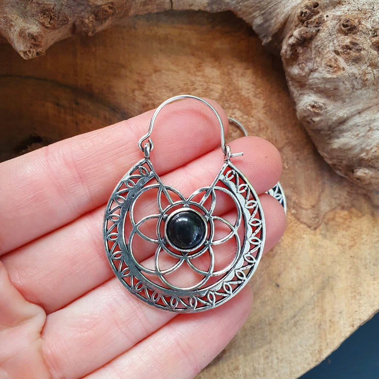 Aztec Black Onyx Silver Hoop Earrings Ethnic, rustic, yoga, hippie, gypsy, pretty, psy, boho, bohemian, festival