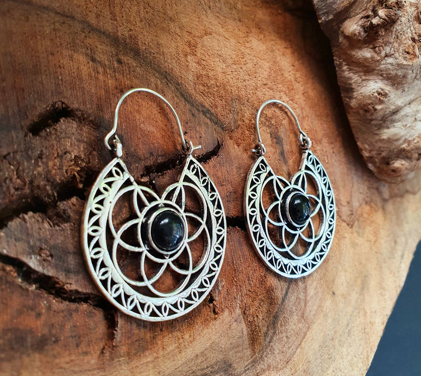 Aztec Black Onyx Silver Hoop Earrings Ethnic, rustic, yoga, hippie, gypsy, pretty, psy, boho, bohemian, festival