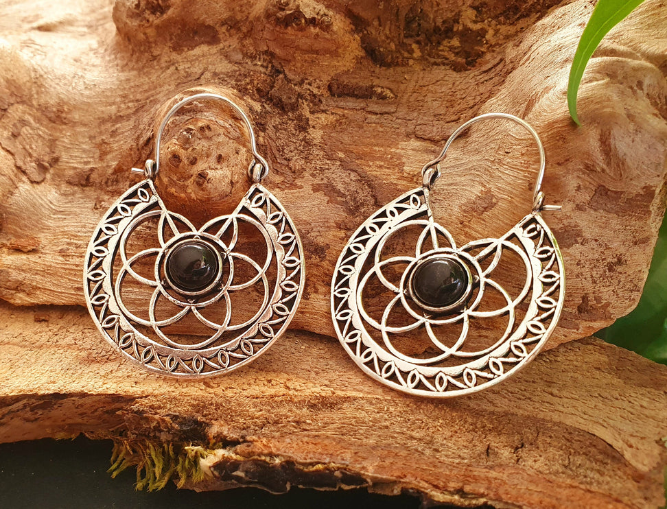 Aztec Black Onyx Silver Hoop Earrings Ethnic, rustic, yoga, hippie, gypsy, pretty, psy, boho, bohemian, festival