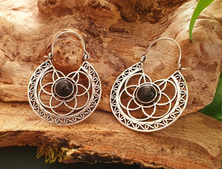 Aztec Black Onyx Silver Hoop Earrings Ethnic, rustic, yoga, hippie, gypsy, pretty, psy, boho, bohemian, festival