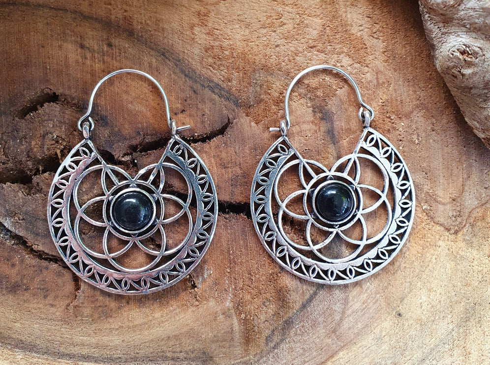 Aztec Black Onyx Silver Hoop Earrings Ethnic, rustic, yoga, hippie, gypsy, pretty, psy, boho, bohemian, festival