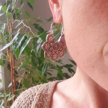 Large Mandala Flower Gold Earrings; Brass Ear Weights Boho Ethnic Rustic Indian Festival Psy Gypsy Spiral Hippie style