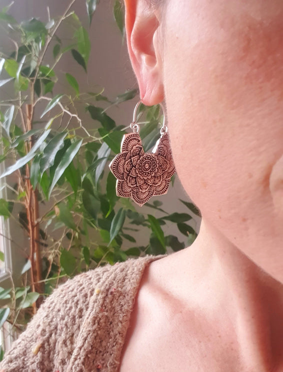 Large Mandala Flower Gold Earrings; Brass Ear Weights Boho Ethnic Rustic Indian Festival Psy Gypsy Spiral Hippie style