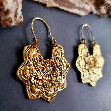 Large Mandala Flower Gold Earrings; Brass Ear Weights Boho Ethnic Rustic Indian Festival Psy Gypsy Spiral Hippie style