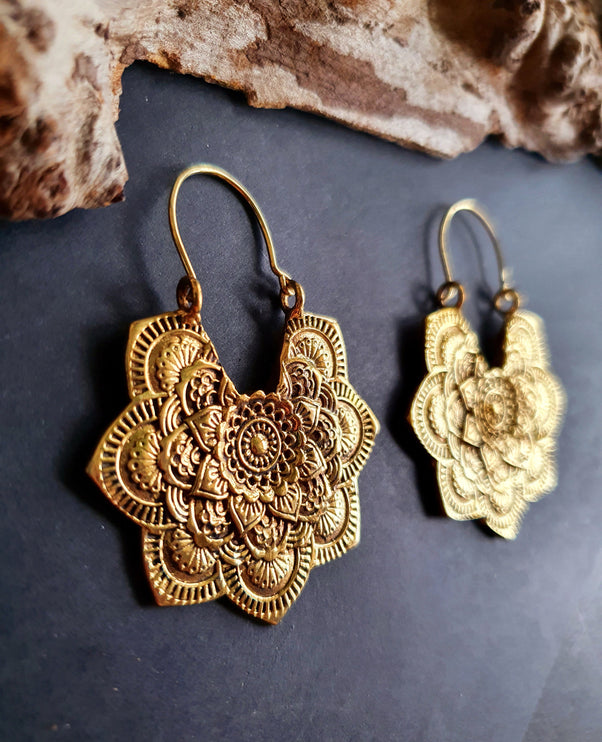 Large Mandala Flower Gold Earrings; Brass Ear Weights Boho Ethnic Rustic Indian Festival Psy Gypsy Spiral Hippie style