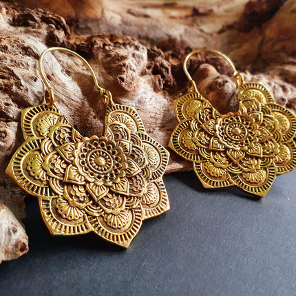 Large Mandala Flower Gold Earrings; Brass Ear Weights Boho Ethnic Rustic Indian Festival Psy Gypsy Spiral Hippie style