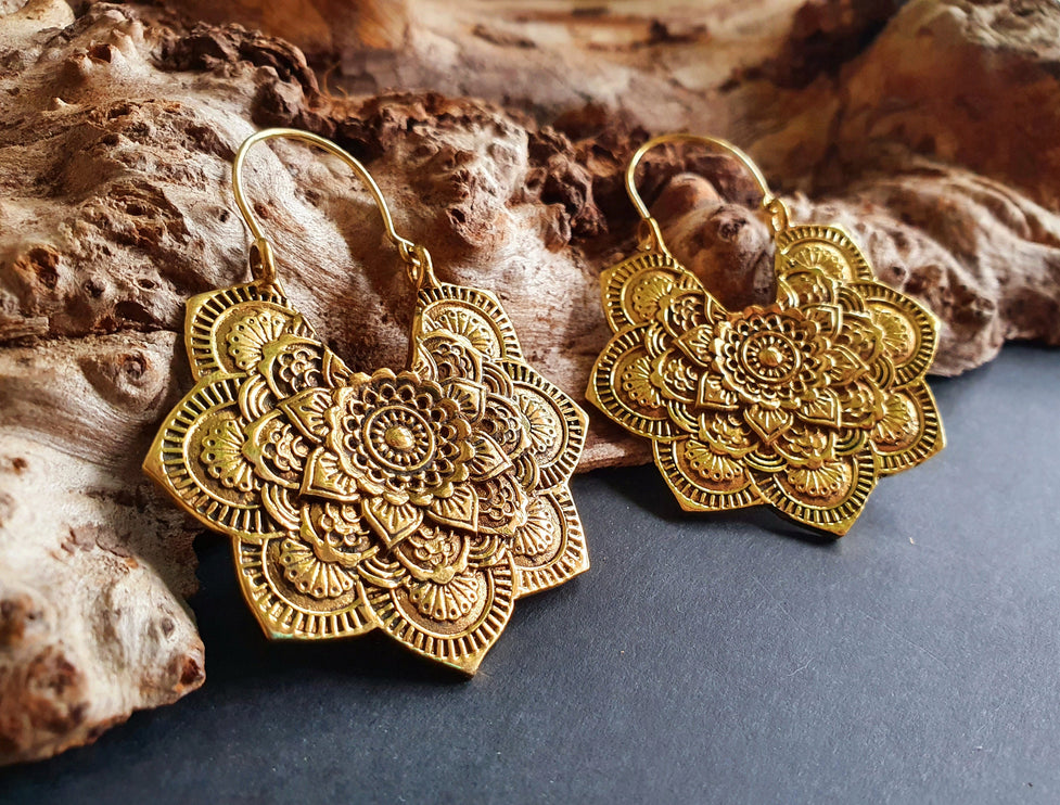 Large Mandala Flower Gold Earrings; Brass Ear Weights Boho Ethnic Rustic Indian Festival Psy Gypsy Spiral Hippie style