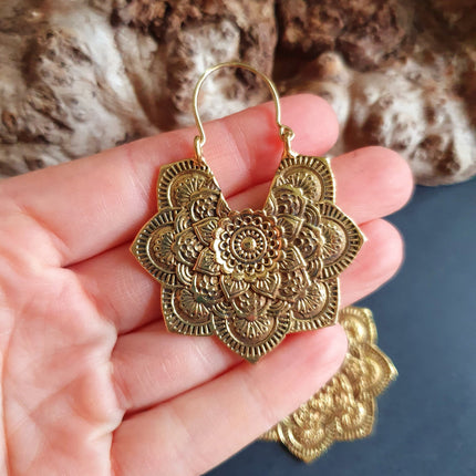 Large Mandala Flower Gold Earrings; Brass Ear Weights Boho Ethnic Rustic Indian Festival Psy Gypsy Spiral Hippie style