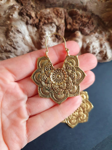 Large Mandala Flower Gold Earrings; Brass Ear Weights Boho Ethnic Rustic Indian Festival Psy Gypsy Spiral Hippie style