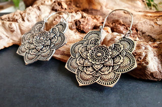 Large Mandala Flower Silver Earrings; Silver Ear Weights Boho Ethnic Rustic Indian Festival Psy Gypsy Spiral Hippie style