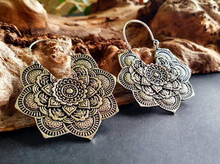 Large Mandala Flower Silver Earrings; Silver Ear Weights Boho Ethnic Rustic Indian Festival Psy Gypsy Spiral Hippie style
