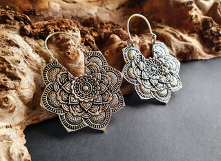 Large Mandala Flower Silver Earrings; Silver Ear Weights Boho Ethnic Rustic Indian Festival Psy Gypsy Spiral Hippie style