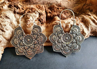 Large Mandala Flower Silver Earrings; Silver Ear Weights Boho Ethnic Rustic Indian Festival Psy Gypsy Spiral Hippie style