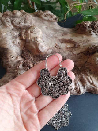 Large Mandala Flower Silver Earrings; Silver Ear Weights Boho Ethnic Rustic Indian Festival Psy Gypsy Spiral Hippie style