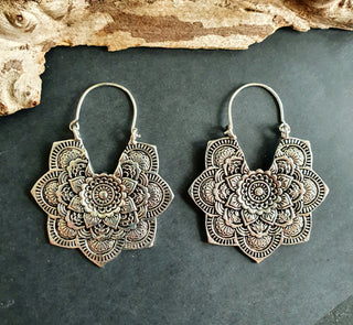 Large Mandala Flower Silver Earrings; Silver Ear Weights Boho Ethnic Rustic Indian Festival Psy Gypsy Spiral Hippie style