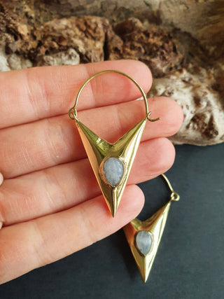 Triangle Moonstone + Brass Earrings / Tribal / Mandala / Ethnic / Rustic / Yoga / Boho / Bohemian / Festival Fashion / Gifts