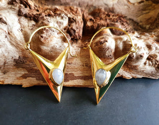 Triangle Moonstone + Brass Earrings / Tribal / Mandala / Ethnic / Rustic / Yoga / Boho / Bohemian / Festival Fashion / Gifts
