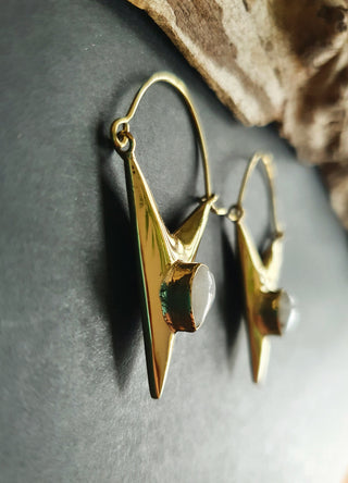 Triangle Moonstone + Brass Earrings / Tribal / Mandala / Ethnic / Rustic / Yoga / Boho / Bohemian / Festival Fashion / Gifts