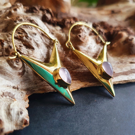 Geometric Triangle Rose Quartz & Brass Earrings / Tribal / Mandala / Ethnic / Rustic / Yoga / Boho / Bohemian / Festival Fashion / Gifts